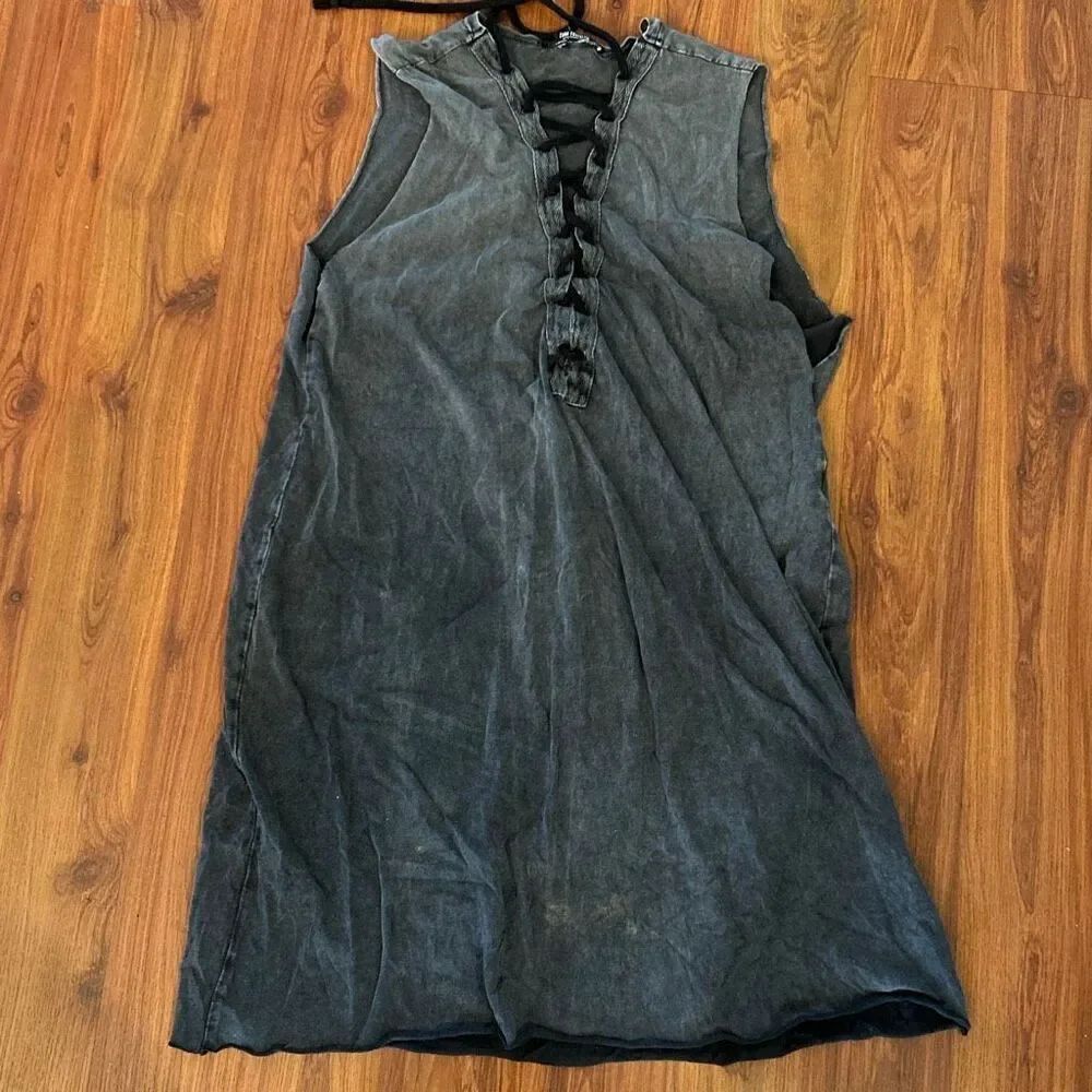 Zara trafaluc gray distressed T-shirt dress with lace up front size M
